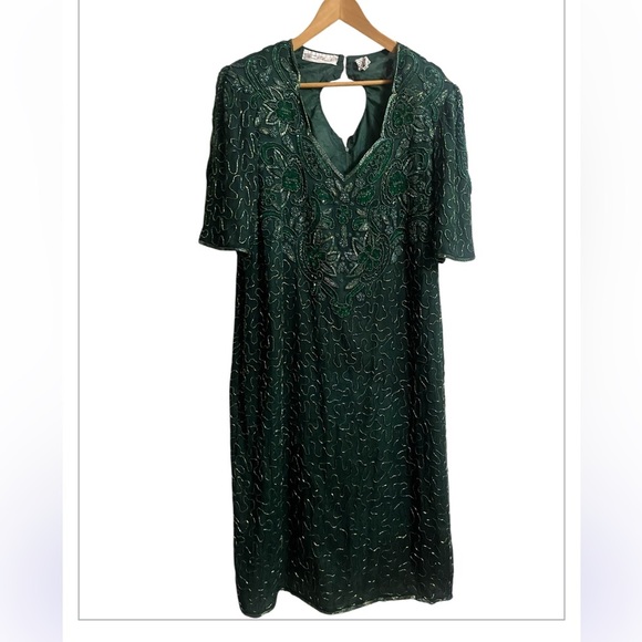 Scala Green Embroidered 100% Silk Elegant Dress Sz 2X Women - Picture 4 of 7